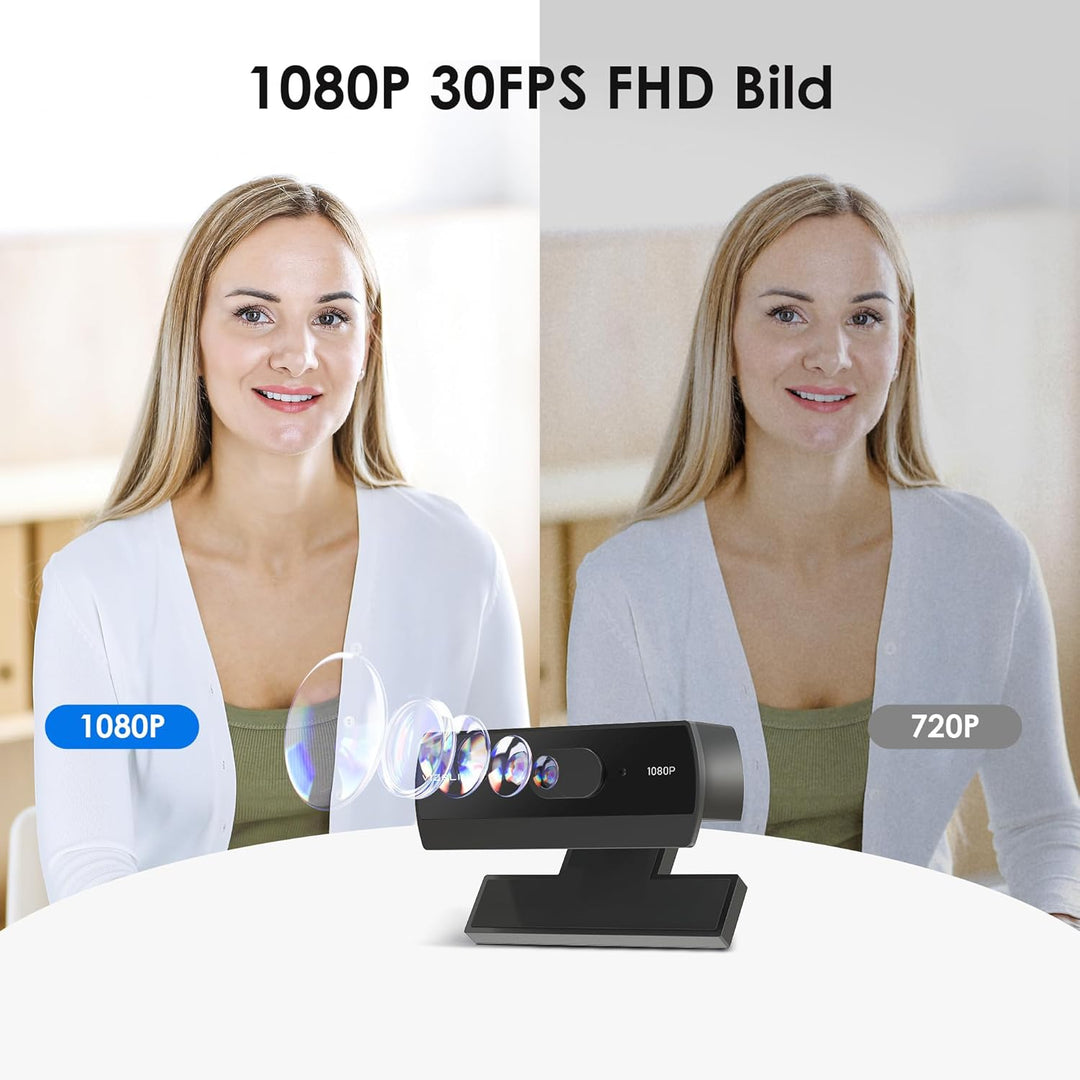 W2N Webcam Full HD, 1080P/30PFS, Dual Mikrofone Rauschunterdrückung, Fester Fokus, 78°Blickfeld, Bel