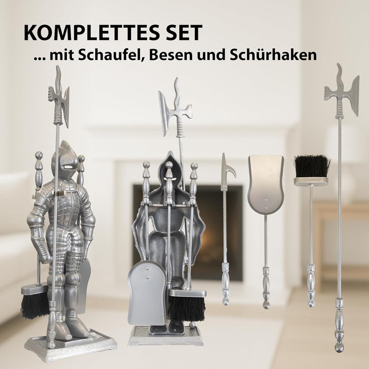 TRUTZHOLM Kamingarnitur Kaminbesteck Ritter Kaminset Ofenbesteck schwarz oder silber 4-tlg Schaufel,