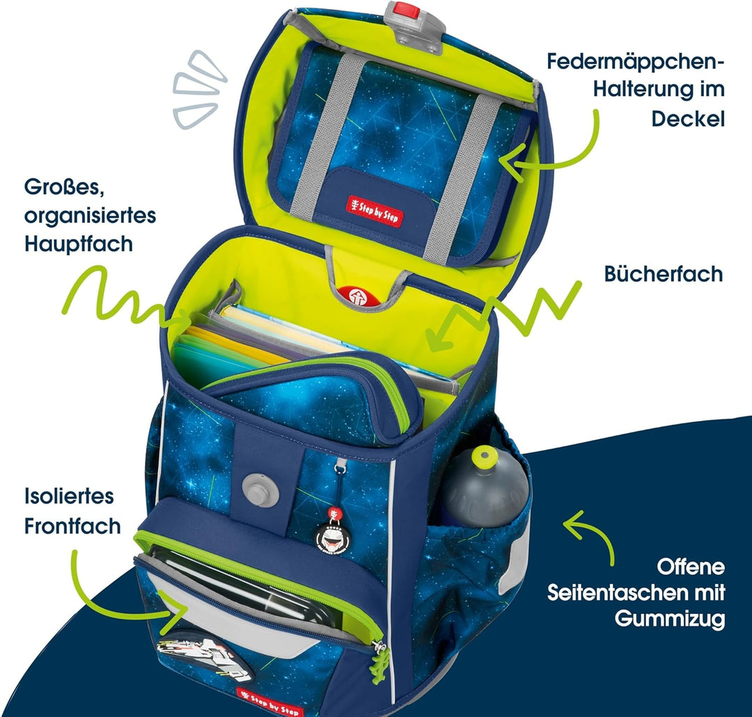 Step by Step Giant Schulranzen-Set „Starship Galactus“, 5-teilig, blau, ergonomischer Tornister mit