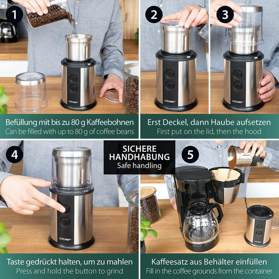 Cloer 7419 Elektrische Kaffee- und Gewürzmühle mit Edelstahl-Schlagmesser, 350W, 2 abnehmbare Edelst