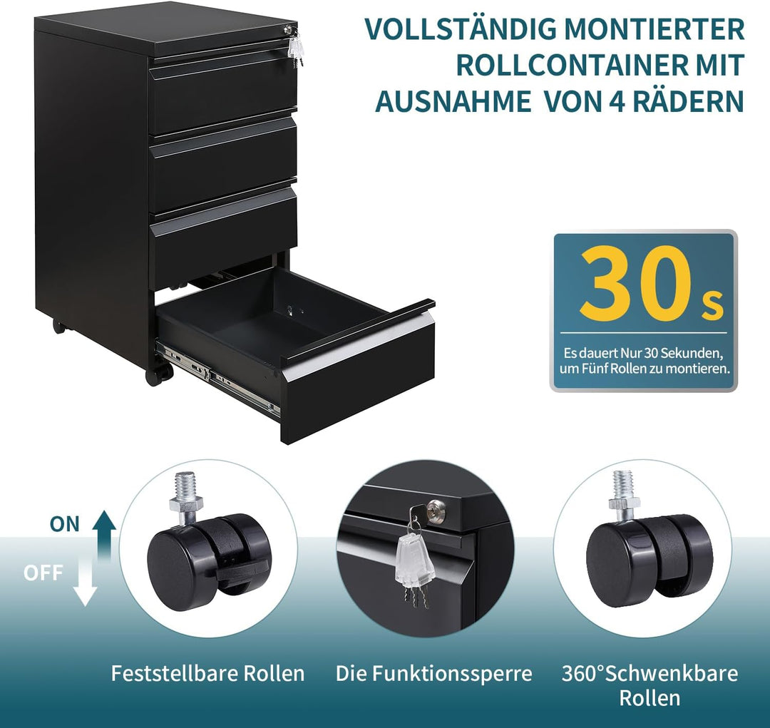 Rollcontainer, Aktenschrank Abschliessbar mit 4 Schlüsseln, Büroschrank aus Metall, Aktenschrank unt