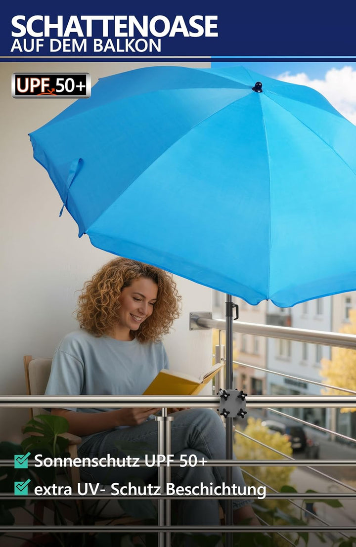 4smile Sonnenschirm Balkon SunnyJoy, 3-in-1 SET, Blau - UPF 50+ Sonnenschirm Ø 160 cm + SunnyGuy Son