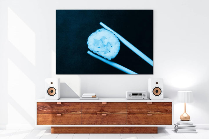 deyoli Sushi auf Essstäbchen Format 60x40 Effekt: Monocrome Blau als Leinwandbild, Motiv fertig gera