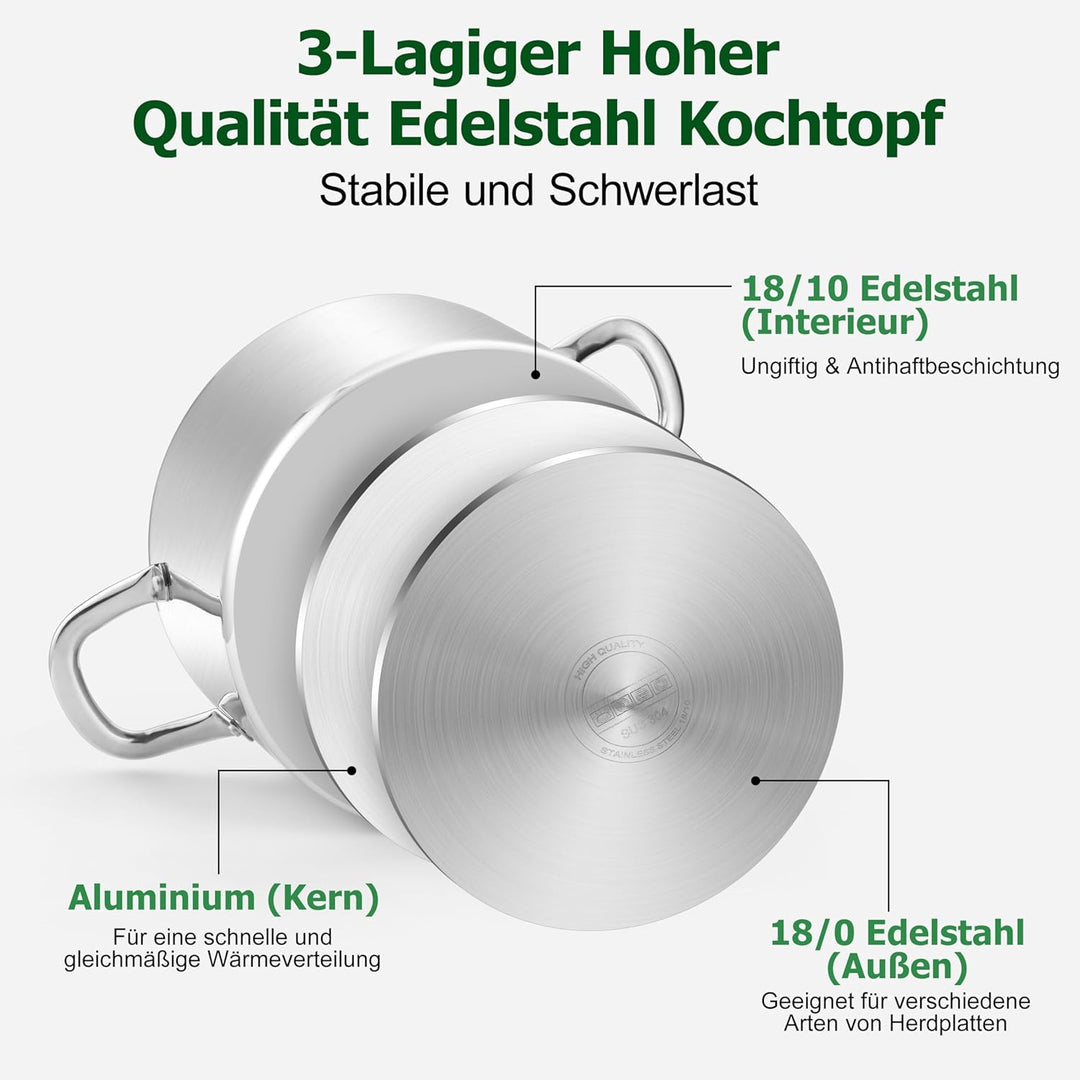 Homikit Kochtopf 9,4L, Gross Suppentopf Topf Induktion aus 3-Lagen Edelstahl für alle Herdearten, Ed