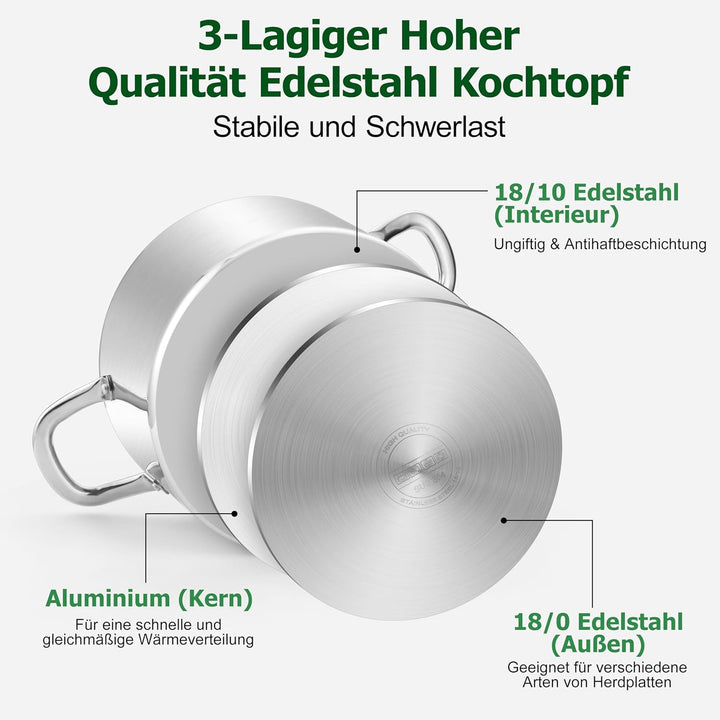 Homikit Kochtopf 9,4L, Gross Suppentopf Topf Induktion aus 3-Lagen Edelstahl für alle Herdearten, Ed