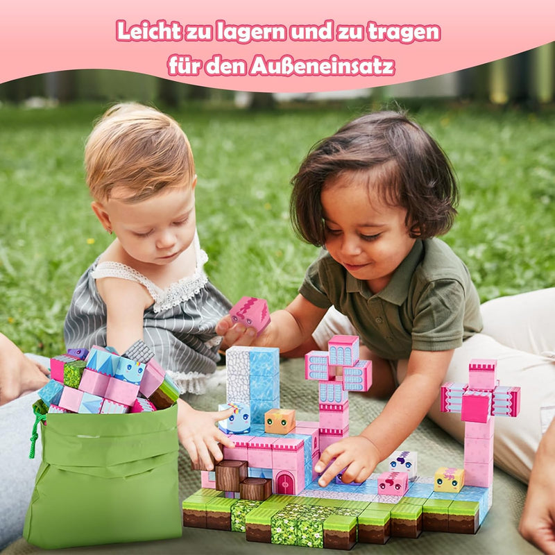 PINKCAT Magnetische Bausteine - Rosa Schloss Magnete Bausteine Spielset, Magnetischer Spielzeugbaust