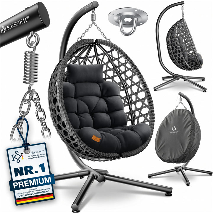 KESSER® Hängesessel mit Gestell Outdoor Indoor Schaukelstuhl Polyrattan 360° 150kg Tragkraft inkl. P