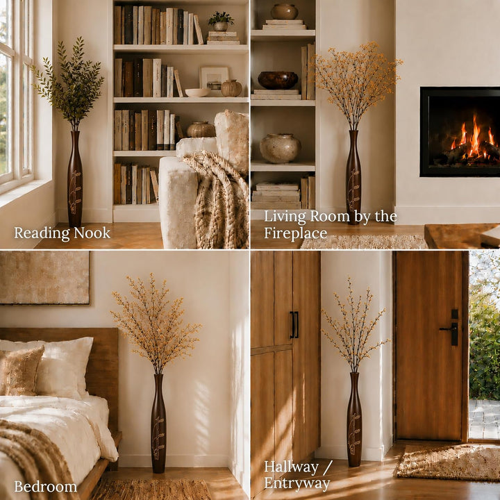 Leewadee Grosse Bodenvase für Dekozweige hohe Standvase Design Holzvase, Holz, 90 cm, Braun, 90 cm
