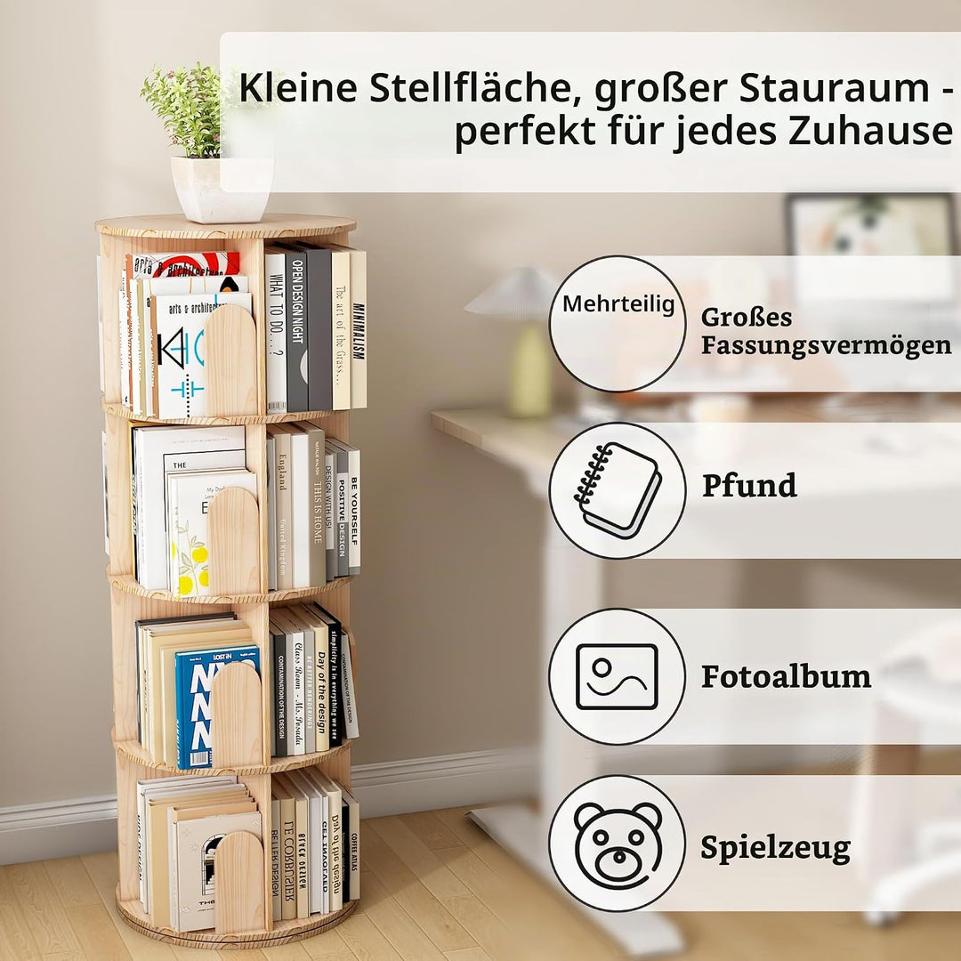 Bücherregal Kinder, 360° Drehbares Bücherregal mit 4 Ebenen, Drehregal Spielzeugregal, Multifunktion