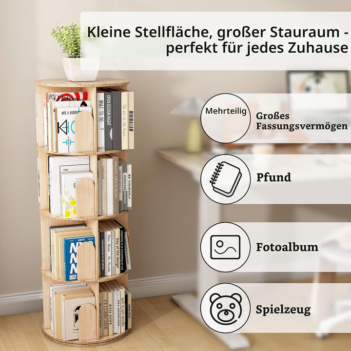 Bücherregal Kinder, 360° Drehbares Bücherregal mit 4 Ebenen, Drehregal Spielzeugregal, Multifunktion