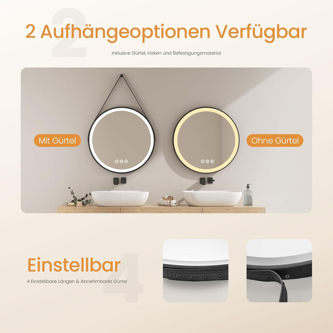 EMKE Badspiegel mit Beleuchtung 50cm wandspiegel rund mit 3 Lichtfarbe dimmbar, Antibeschlag, Speich