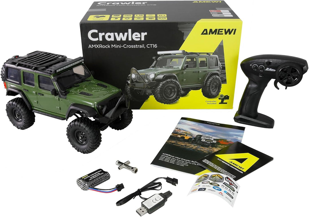 Amewi AMXRock Mini-Crosstrail Scale Crawler 4WD 1:16 RTR grün inkl. Fernsteuerung, Akku, Ladekabel