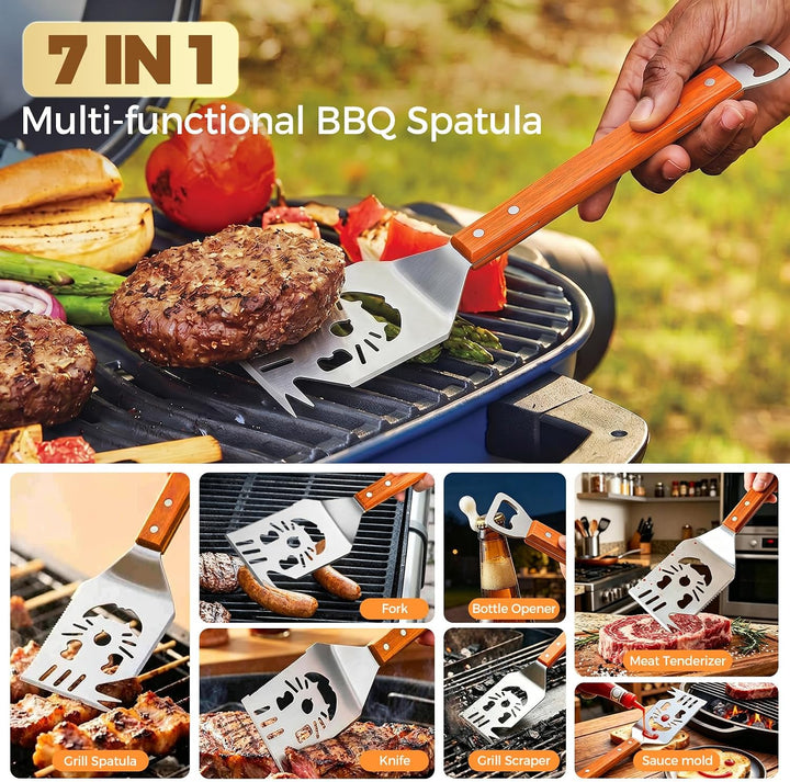 Yoassi BBQ Grillbesteck Set 3-teilig Edelstahl, Grillzubehör mit Grillzange, Grillwender, Fleischgab