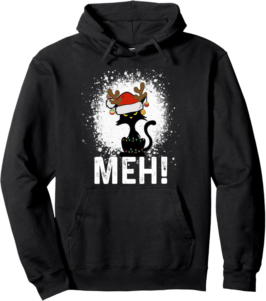 Meh Black Cat Christmas Funny Anti Christmas Cat Pullover Hoodie