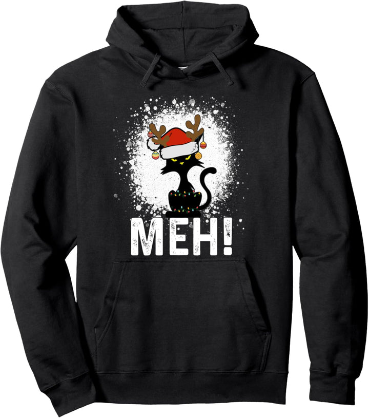 Meh Black Cat Christmas Funny Anti Christmas Cat Pullover Hoodie