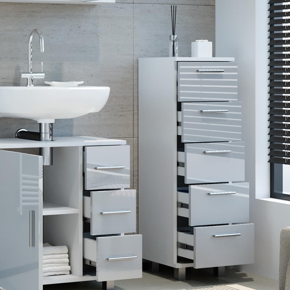 Vicco Badschrank Ilias, Weiss Hochglanz, 30 x 95 cm, Weiss Hochglanz