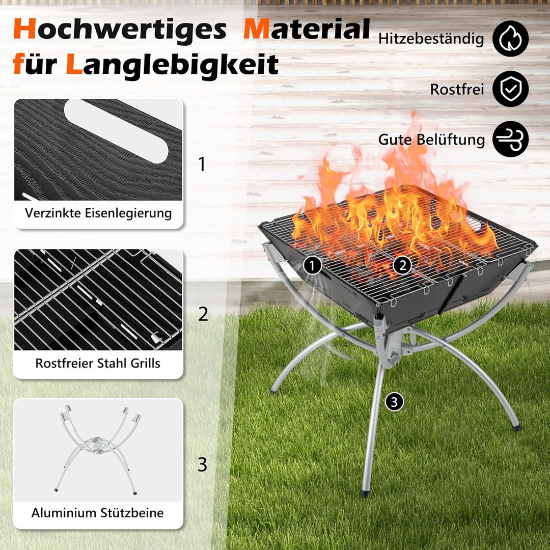 COSTWAY Campinggrill, 3-in-1-Feuerstelle für Brennholz & Holzkohle mit Edelstahlgrillrosten, tragbar