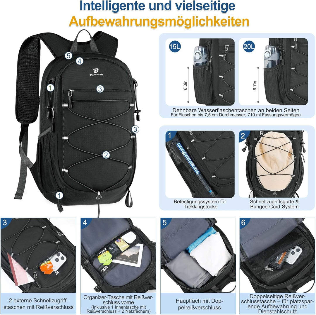BECOJADDE 20L Kleiner Wanderrucksack Tagesrucksack Herren Damen Leichter Faltbarer Rucksack mit Brus