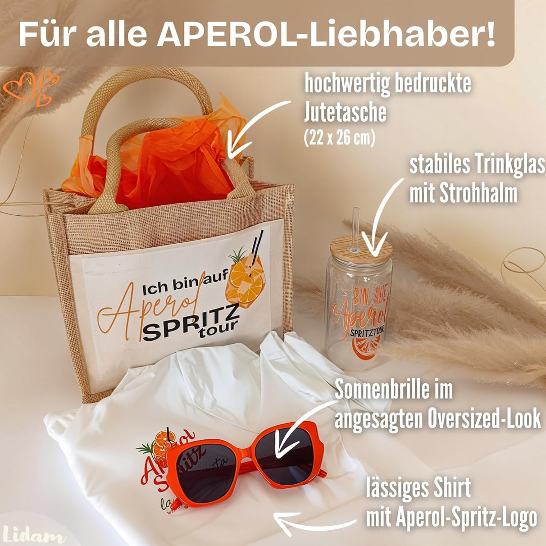 Aperol Spritz Geschenkset | Jutetasche mit Aperol T-Shirt Damen, Trinkglas mit Strohhalm | Sommer Ge