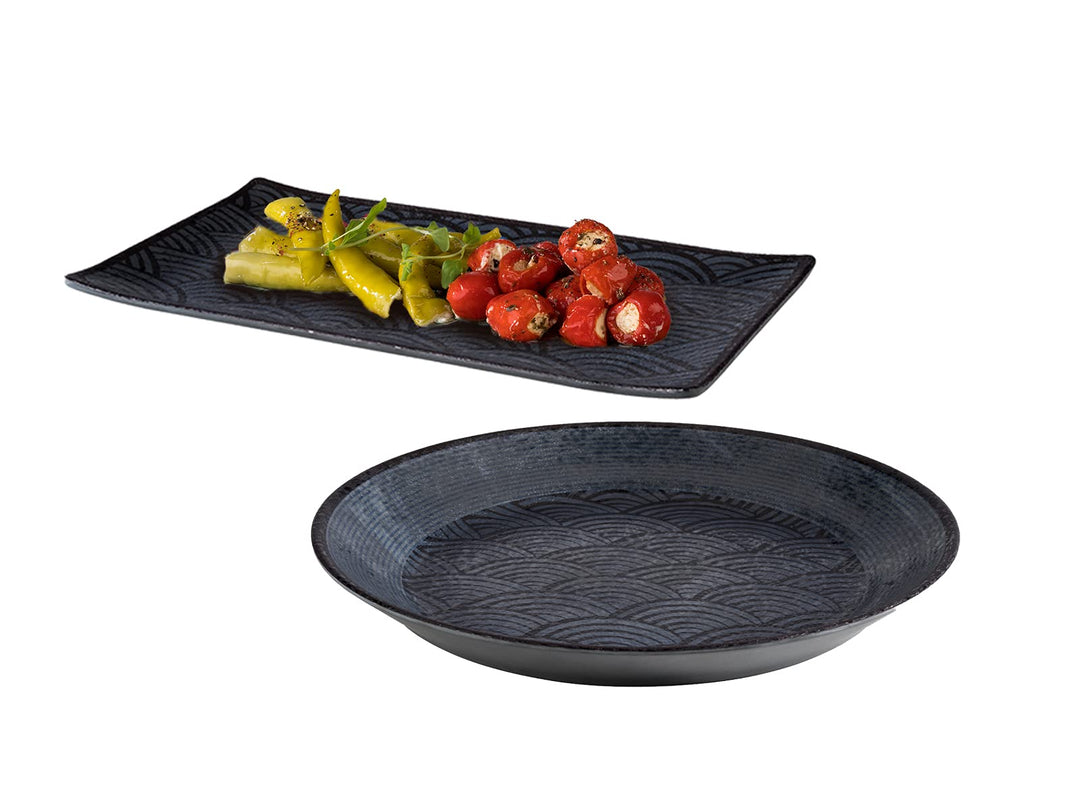 Assheuer & Pott Melamin Geschirr 2-er Set Servierplatten, Campinggeschirr schwarz mit Dekor Servierp