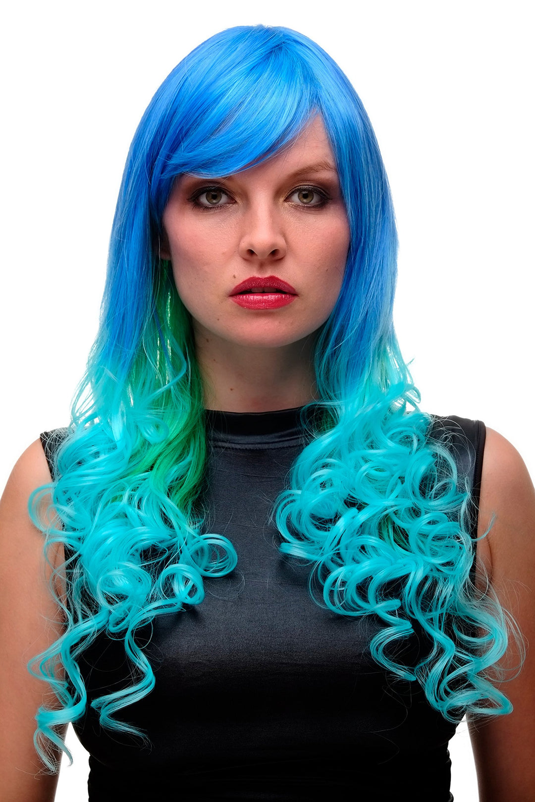 WIG ME UP - Damenperücke Perücke Cosplay Türkis Blau Grün Mix sehr lang (65 cm) Locken GF-W2174-G55A