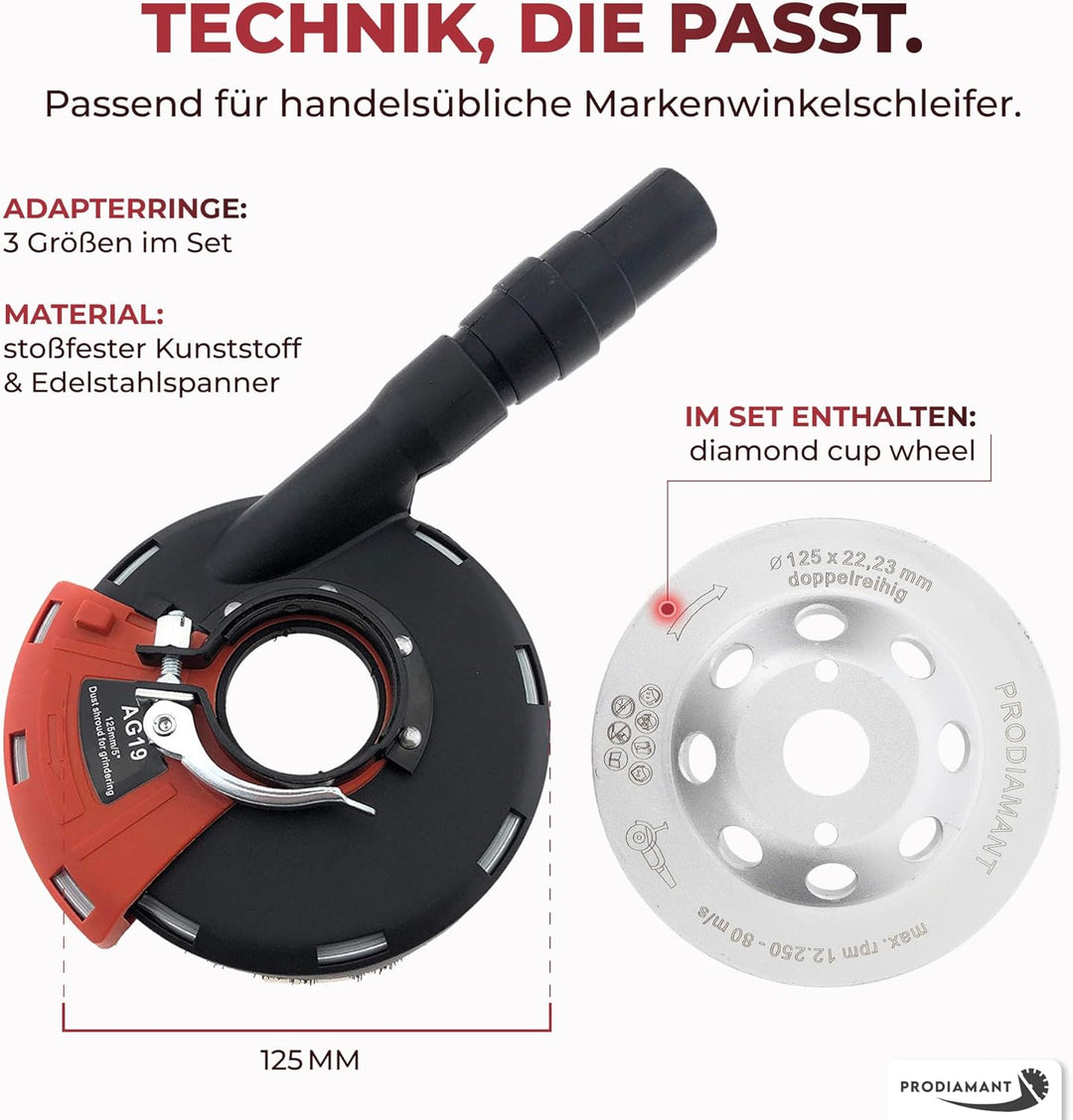 PRODIAMANT Absaughaube Set mit Bürsten für Winkelschleifer inklusive 125mm Diamant-Schleiftopf Absau
