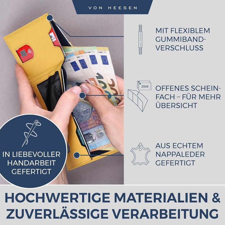 VON HEESEN Slim Wallet mit Münzfach &amp; RFID-Schutz - Leder Geldbeutel - Mini Geldbörse für Herren und