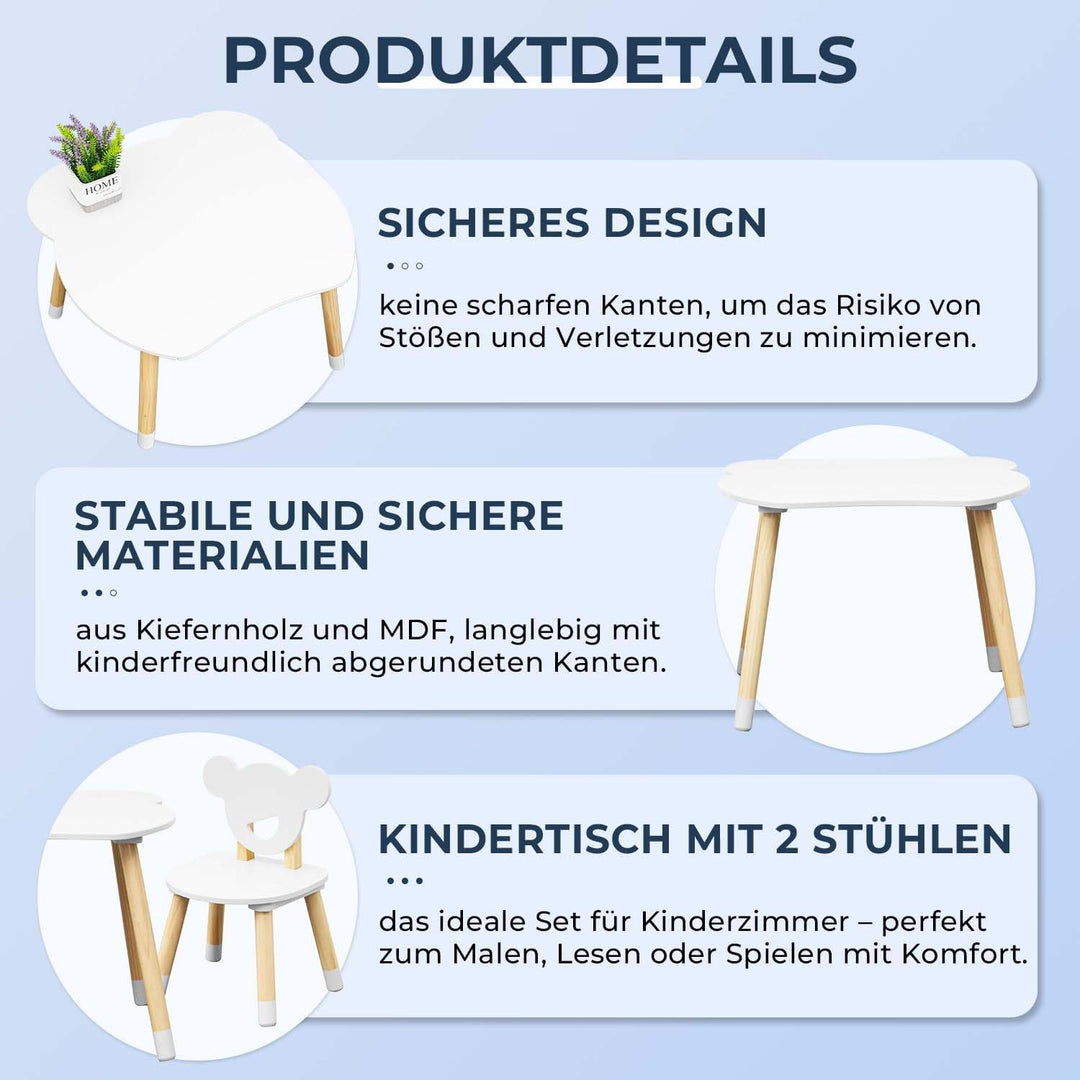Rebecca Mobili Set Kindertisch und 2 Stühle, Kindertisch mit Stühlen, Weiss Braun, MDF Kiefer, für M