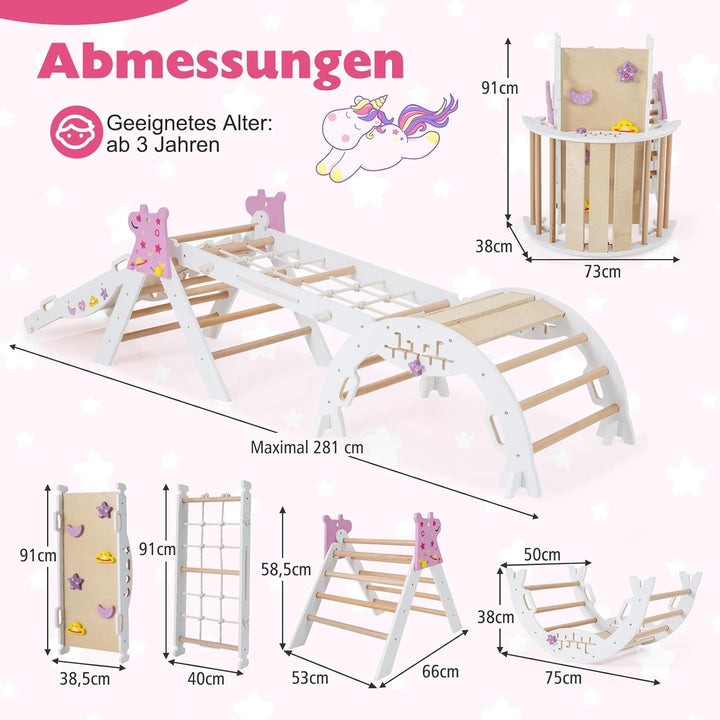 GOPLUS 9-in-1 Klettergerüst Indoor, Kletterdreieck Holz, 4er Set Kletterspielzeug mit Kletternetz, K