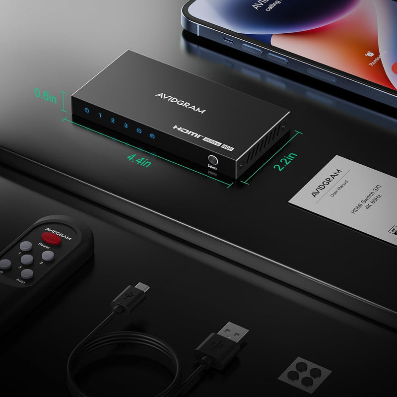 HDMI Switch 4K 60Hz, AVIDGRAM HDMI 2.0 Umschalter 3 in 1 Out, 3 Port HDMI Selector Box mit IR-Fernbe