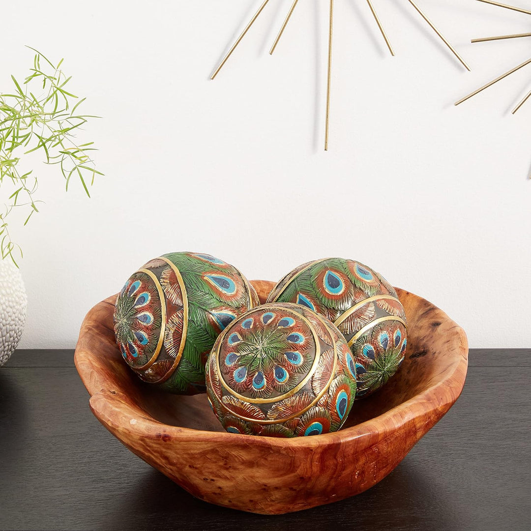 Design Toscano Pfauenfederkugeln Dekorative Akzentkugeln, 8 cm, Set of Three, Vollfarbe, Dekorative
