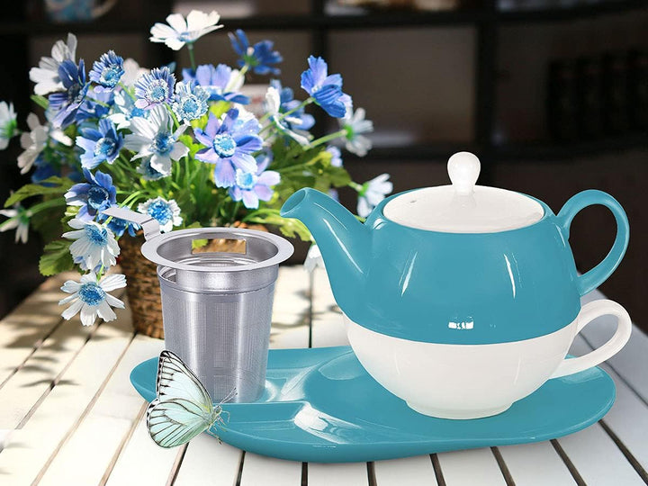 tea4chill Buchensee Tea for One mit Sieb Lena 500ml aus Crystal Bone China Porzellan in türkis. Teek