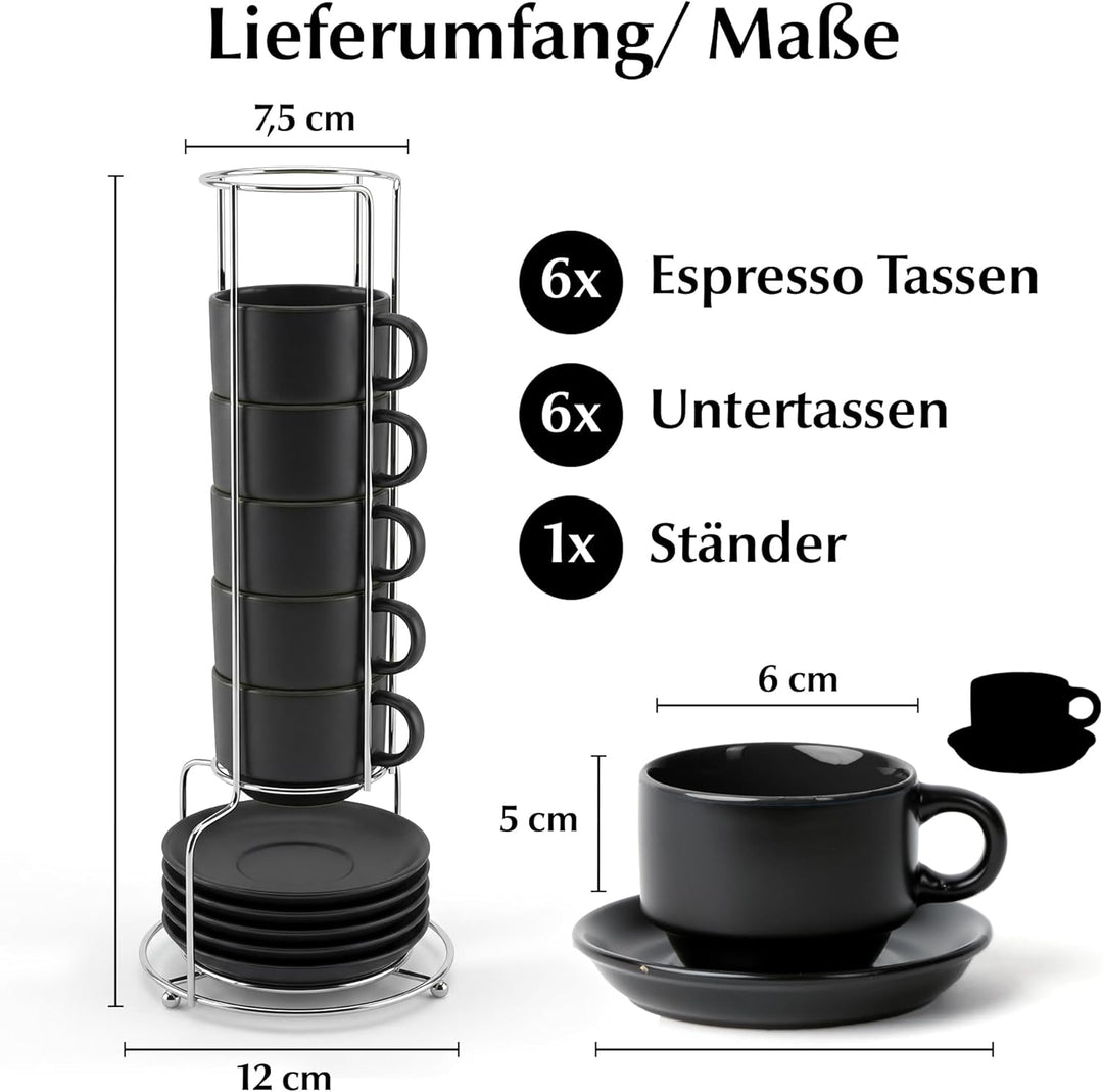 MIAMIO - 6 x 75 ml Espressotassen Set/Espresso Tassen Set mit Untertasse & Ständer - Kaffeetassen Se