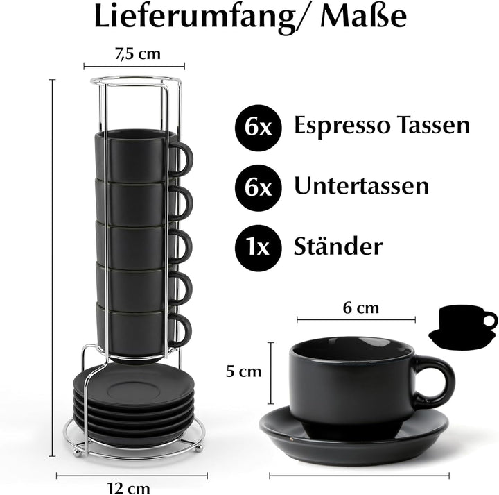 MIAMIO - 6 x 75 ml Espressotassen Set/Espresso Tassen Set mit Untertasse & Ständer - Kaffeetassen Se
