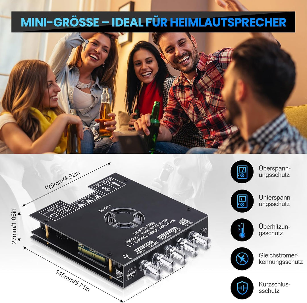 HiFi-Verstärker mit Bluetooth, ZK-HT21 2.1 Kanal 160W x 2+220W Subwoofer Stereo-Mini-Audio-Leistungs