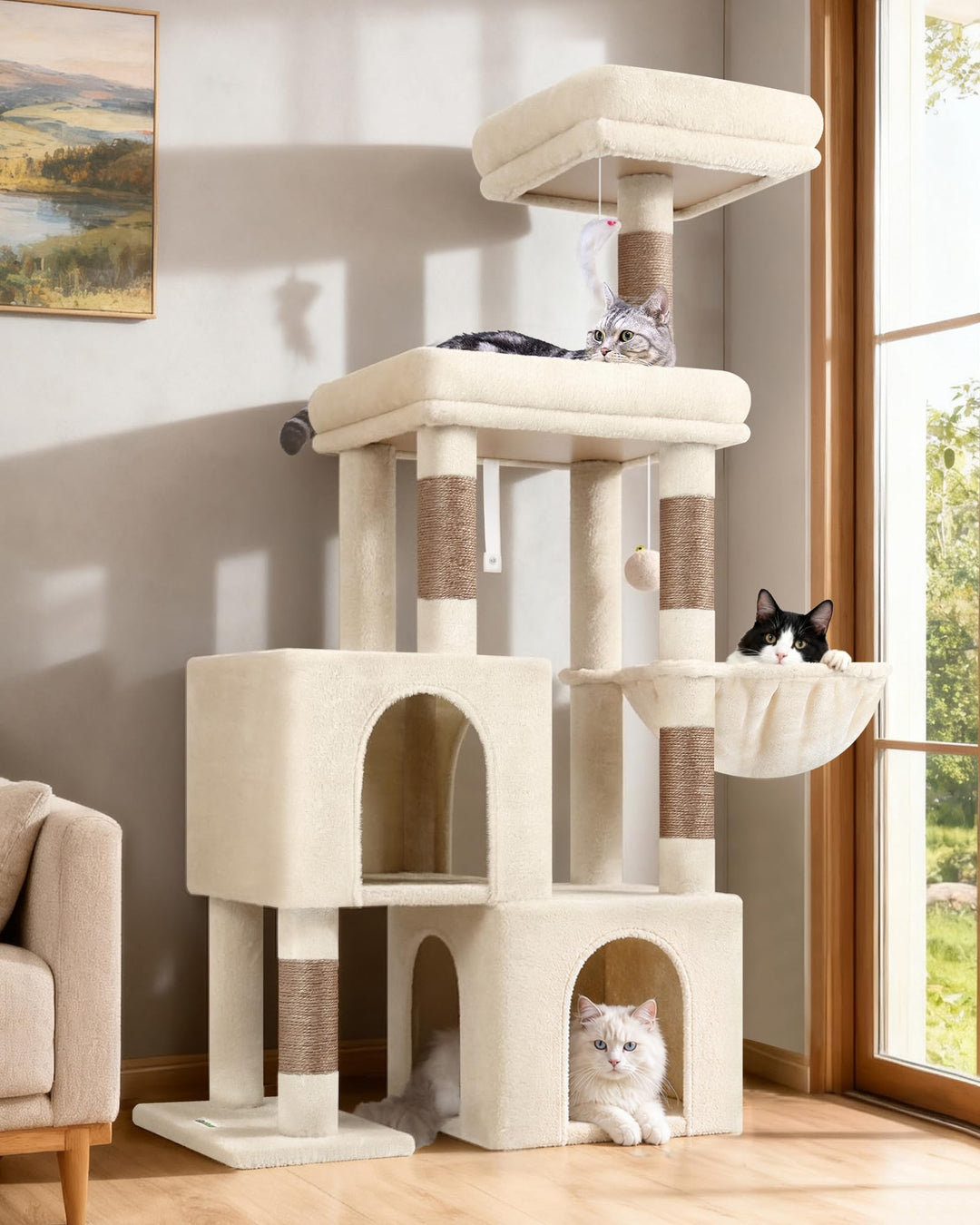 Globlazer Kratzbaum Beige mit 2 Katzenhaus, Grosse Gepolsterte Plattform, Sitzstangen, Katzenkorb, S