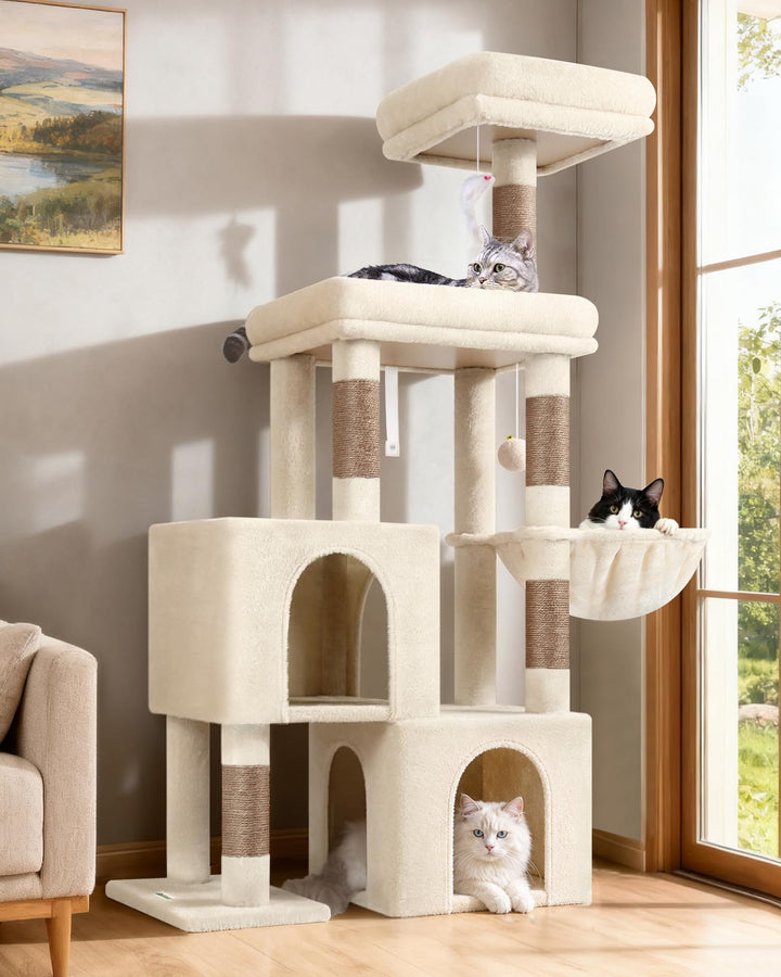 Globlazer Kratzbaum Beige mit 2 Katzenhaus, Grosse Gepolsterte Plattform, Sitzstangen, Katzenkorb, S