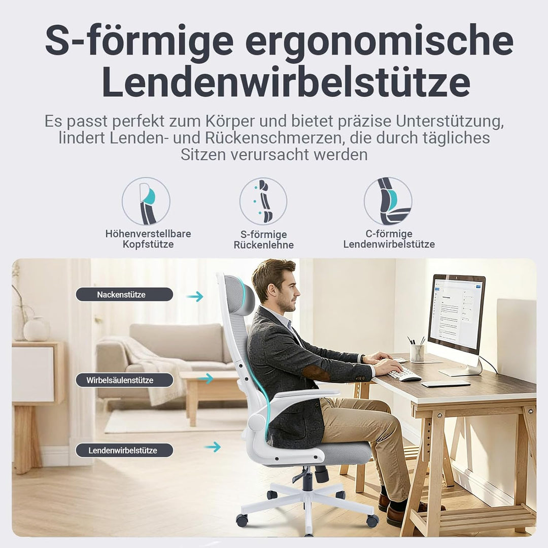 MELOKEA Bürostuhl Ergonomisch, Schreibtischstuhl aus Mesh mit Hochklappbaren Armlehnen, Computer Dre