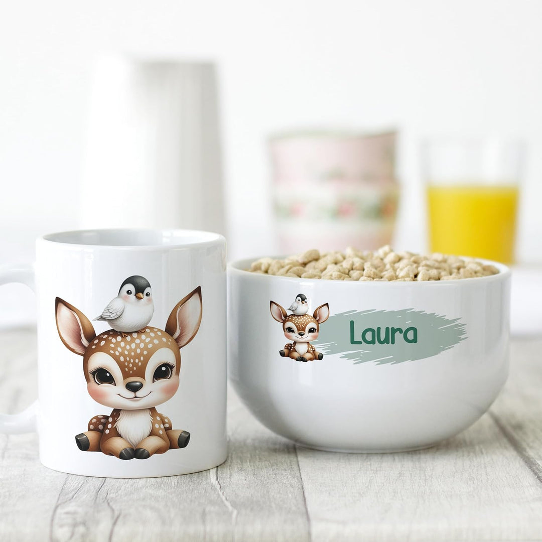 GRAZDesign Frühstückset Tasse mit Müslischale personalisiert für Kinder Rehkitz Motiv aus Keramik -