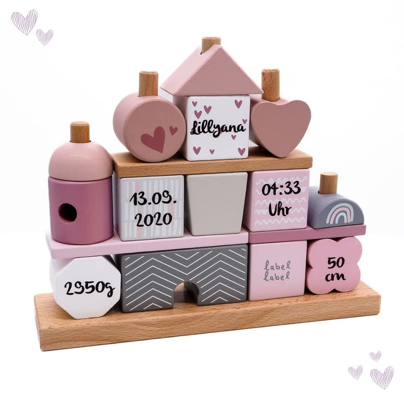 KIDSLINO Steckspiel Haus rosa Personalisierbares Geschenk zur Geburt Mädchen Handmade Holzspielzeug