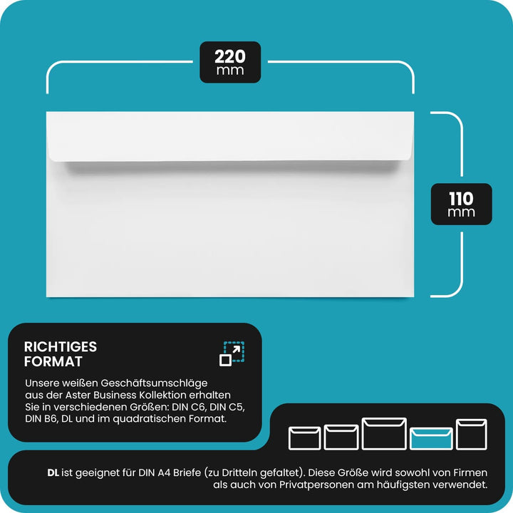 Netuno 500 Kuverts Weiss DIN Lang 11x22 cm hochwertig und stilvoll | 120g Aster Business · festliche