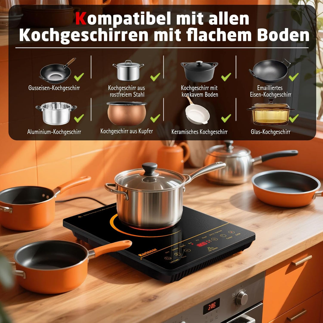 Karinear Glaskeramik Kochfeld 1 Platte Tragbar mit Orangefarbenem Muster, 650 °C Max, Keramik Kochfe