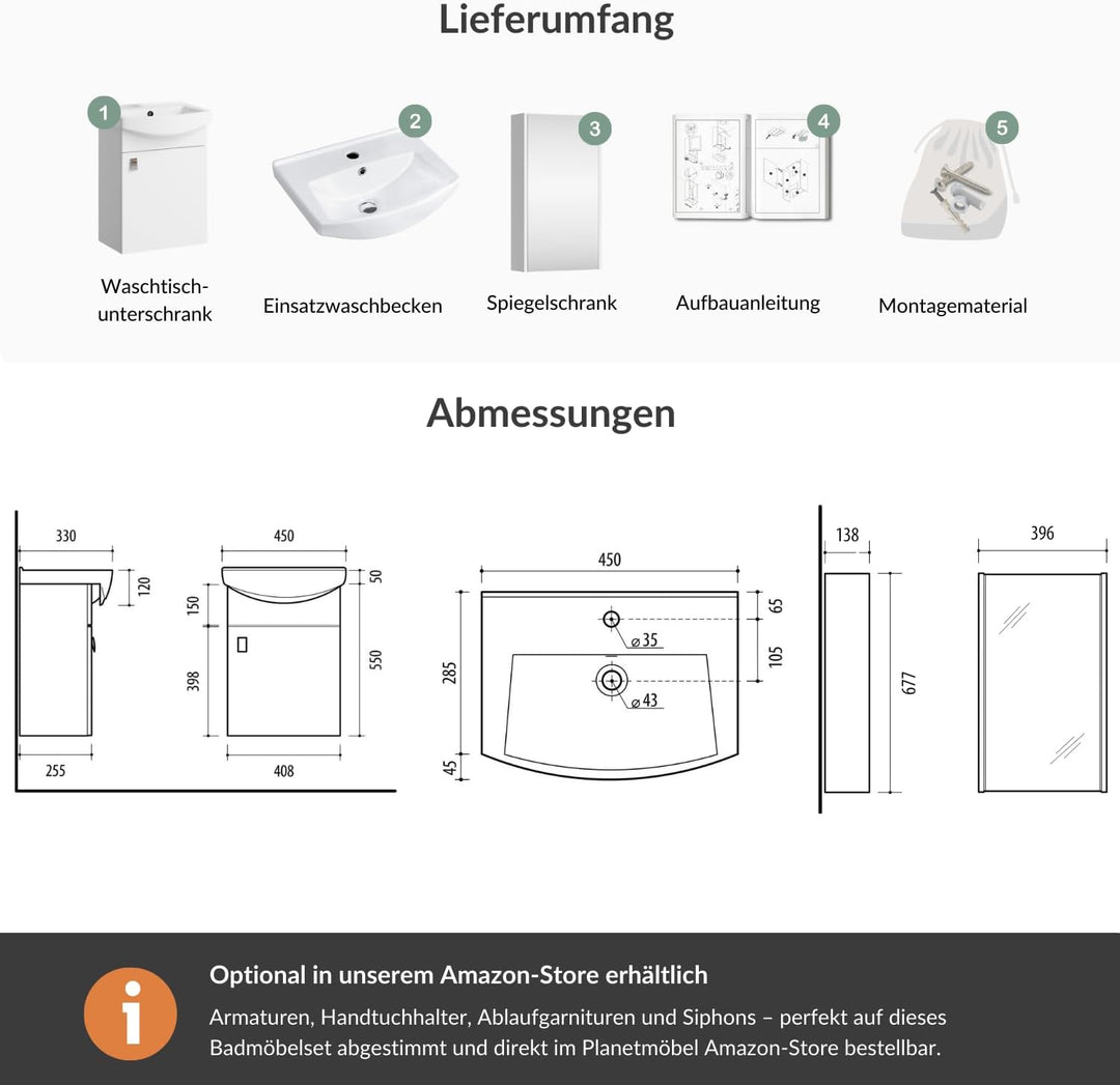 Planetmöbel Badmöbel Set aus Waschtisch + Waschbecken + Spiegelschrank, Gäste Bad WC, Farbe Weiss, W