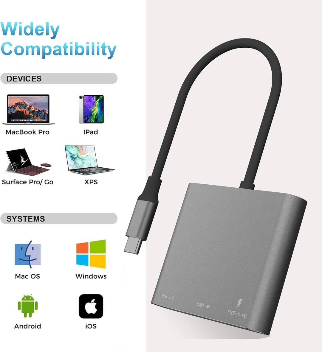 VVG USB C to 4K HD.MI Adapter für MacBook Pro/Air, 3 in 1 USB-C Digital AV Multiport Adapt mit 4K 30