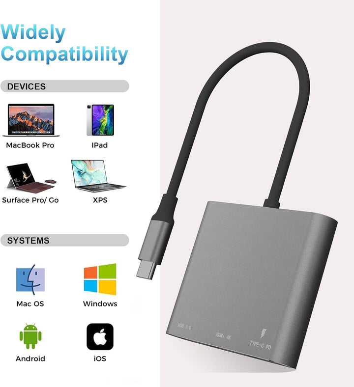 VVG USB C to 4K HD.MI Adapter für MacBook Pro/Air, 3 in 1 USB-C Digital AV Multiport Adapt mit 4K 30