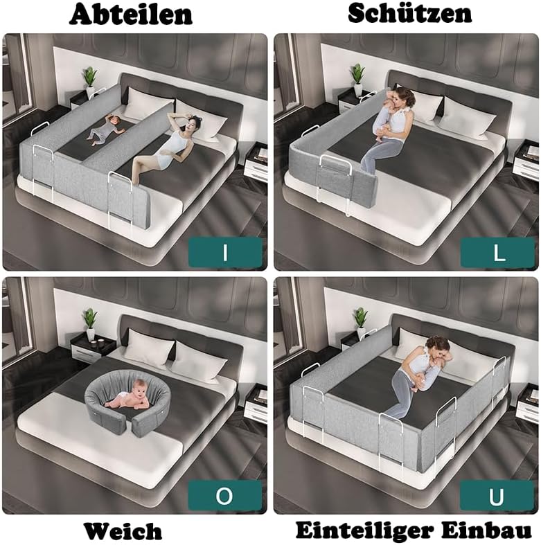 YUENFONG 200cm Bettgitter Bettschutzgitter Rausfallschutz für Kinder, Verformbar Kinderbettgitter Se