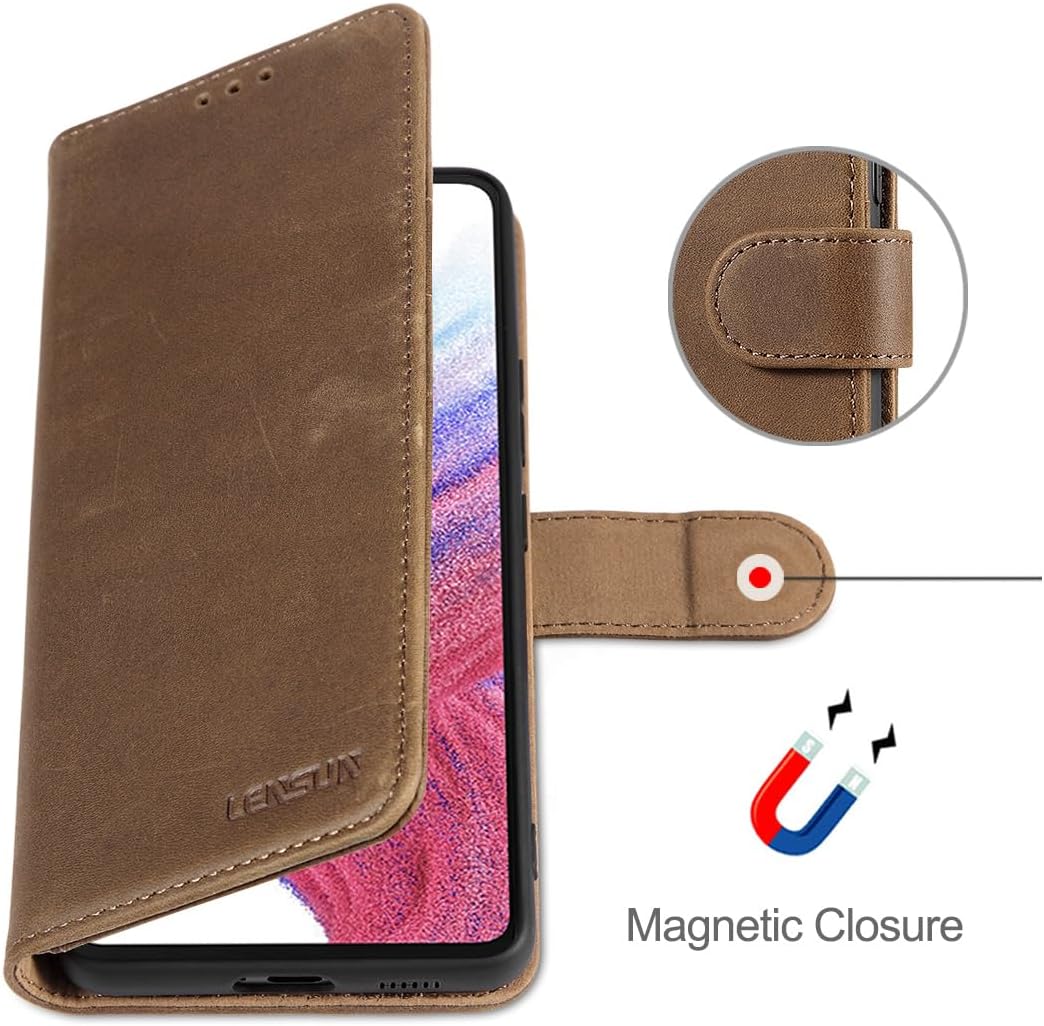 LENSUN Lederhülle für Samsung Galaxy A53, Echtleder Hülle [Echtes Leder][Stand-Funktion][RFID Schutz