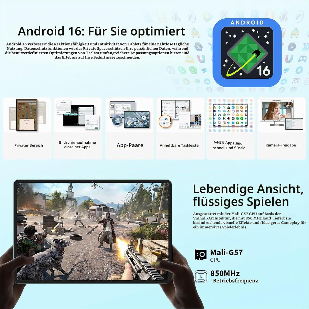 TECLAST P50 Android 16 Tablet 11 Zoll Gemini AI, 90Hz Display, T7250 Octa Core Gaming, 4G LTE Dual S