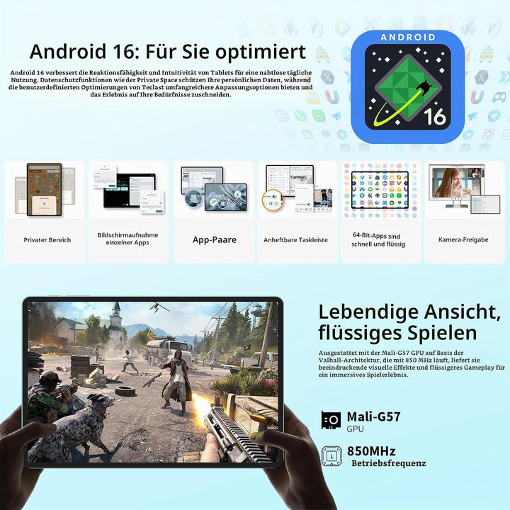 TECLAST P50 Android 16 Tablet 11 Zoll Gemini AI, 90Hz Display, T7250 Octa Core Gaming, 4G LTE Dual S