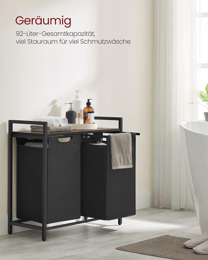 VASAGLE Wäschekorb 2 Fächer, Wäschesammler mit Ablage, Wäschebox, Wäschesack aus Oxford-Gewebe abneh